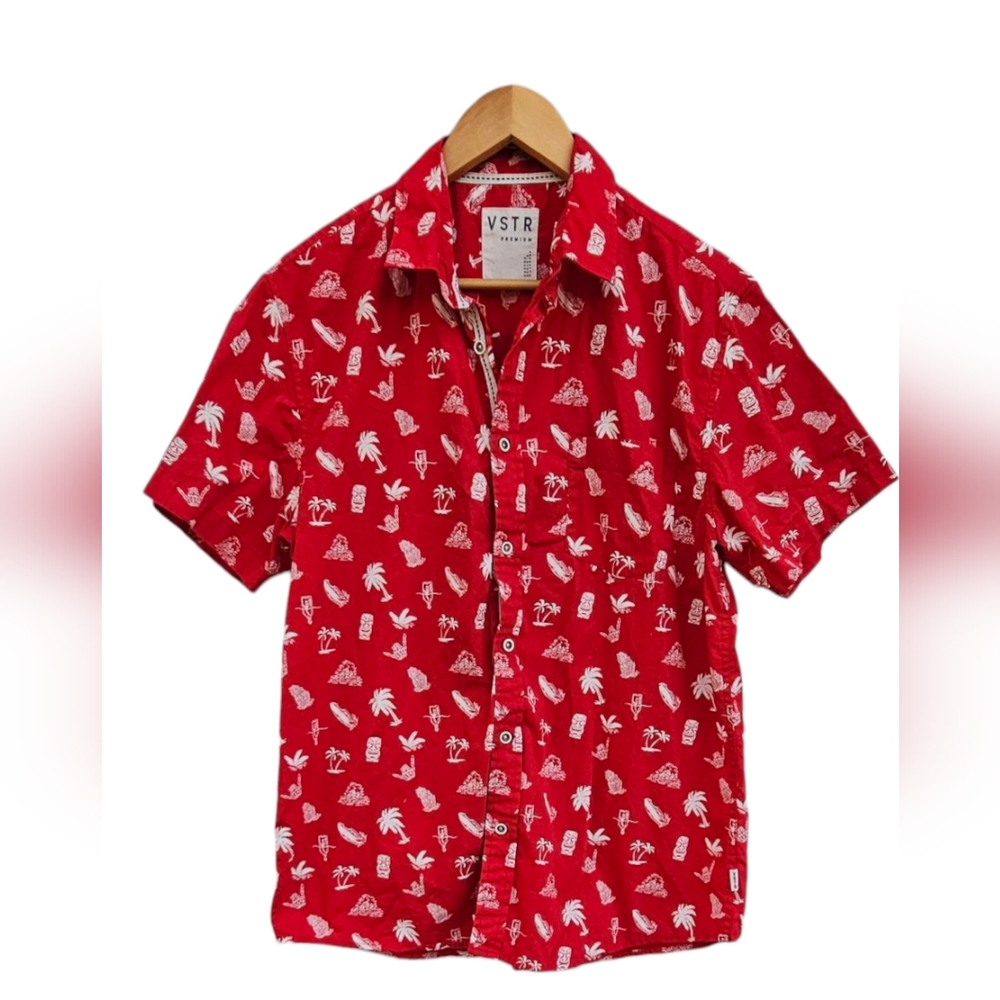 VSTR Premium Red Tropical Tiki Hawaiian Print Men's Shirt 100% Cotton Button Up
